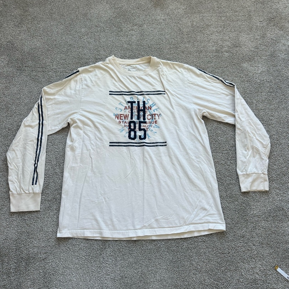 Tommy Hilfiger White and Navy Long Sleeve Tee TH85 100% cotton Y2K VTG